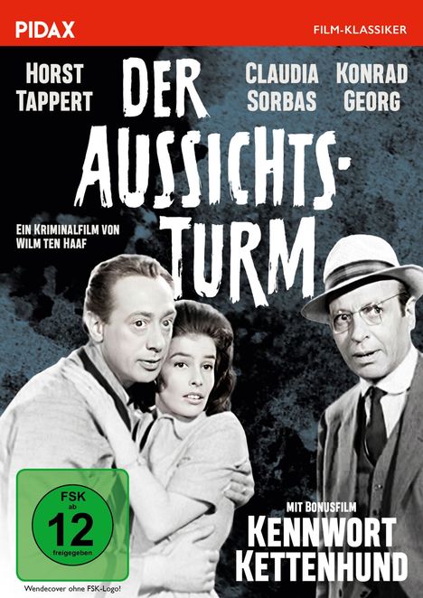 Text: "Der Aussichtsturm", "Film-Klassiker", "FSK ab 12 freigegeben". Drei Personen in Schwarz-Weiß, zwei umarmen sich.