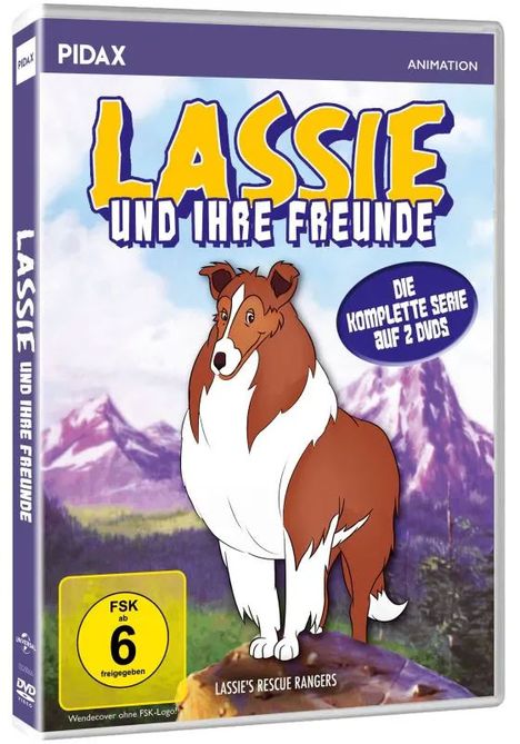 Text: Lassie und ihre Freunde, Die komplette Serie auf 2 DVDs. Illustration von Lassie vor einer Berglandschaft.