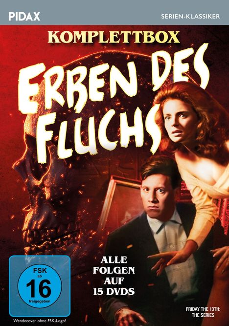 „Erben des Fluchs“ Komplettbox, alle Folgen auf 15 DVDs, ab 16 freigegeben. Zwei Personen neben einem Totenschädel.