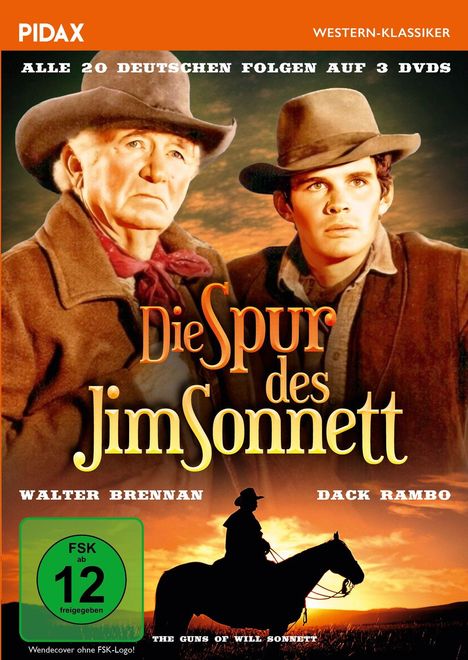 "Die Spur des Jim Sonnett", Western-Klassiker DVD-Cover, Zwei Männer mit Hüten, Silhouette eines Reiters vor Sonnenuntergang.