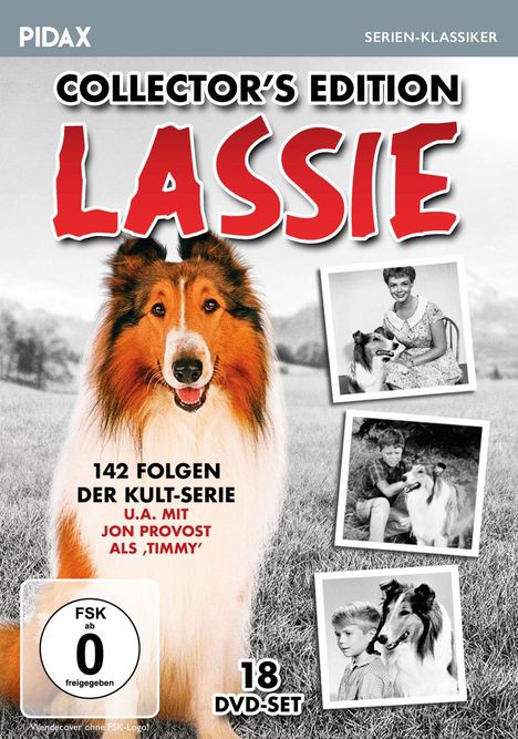 Text oben: "PIDAX", "SERIEN-KLASSIKER", "COLLECTOR’S EDITION LASSIE". Ein Collie im Vordergrund. 18 DVD-Set.
