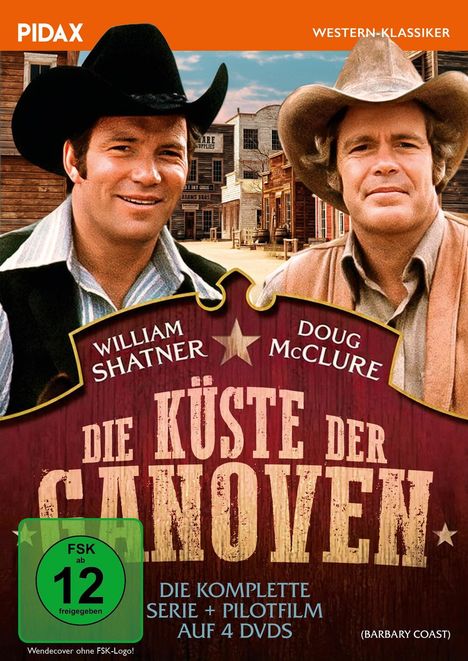 Text: "Western-Klassiker", "William Shatner", "Doug McClure", "Die Küste der Ganoven", "FSK ab 12", "Serie + Pilotfilm auf 4 DVDs". Zwei Männer in Cowboyhüten vor einer Westernstadt. Oben in orange ist das PIDAX-Logo.