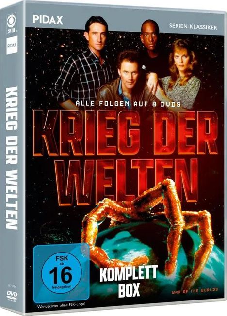 „Krieg der Welten" DVD-Box, Komplett Box, alle Folgen auf 8 DVDs, mit vier Personen und einem großen Maschinenfuß.