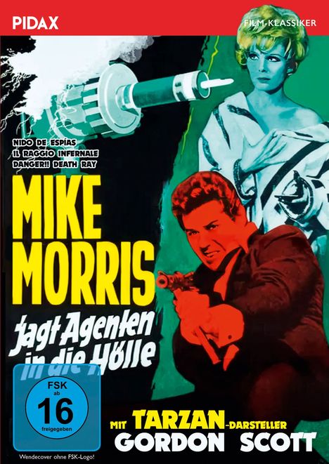 Oben: "FILM-KLASSIKER". Titel: "MIKE MORRIS jagt Agenten in die Hölle". Darunter Illustration mit Mensch und Laser.