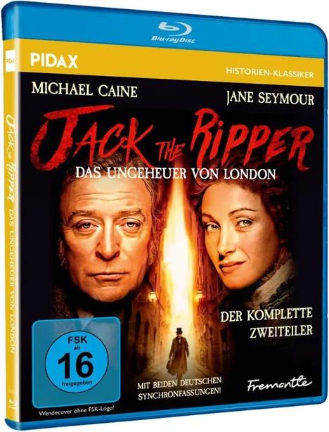 „Jack the Ripper: Das Ungeheuer von London“. Michael Caine neben Jane Seymour. FSK 16 Logo, „Der komplette Zweiteiler“.