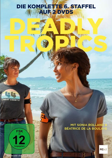 „Die komplette 6. Staffel auf 2 DVDs, DEATHLY TROPICS, FSK ab 12“, zwei Personen am Strand, eine Palme im Hintergrund.