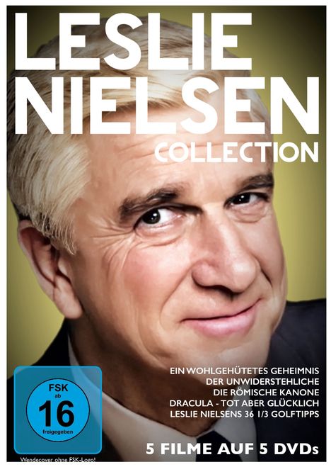 Text: "Leslie Nielsen Collection", "5 Filme auf 5 DVDs", ab 16 freigegeben. Nahaufnahme eines lächelnden Mannes.