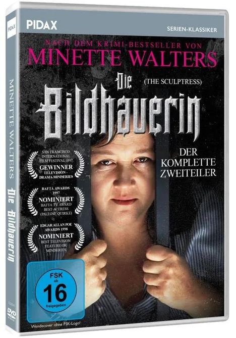 Text: "MINETTE WALTERS Die Bildhauerin Der komplette Zweiteiler. FSK 16. Gewinner San Francisco International Film Festival 1997."

Eine Frau schaut durch Eisengitterstäbe.