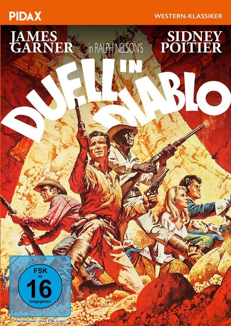 "DUELL IN DIABLO" in großer Schrift, Schauspieler James Garner und Sidney Poitier. Western-Illustration mit bewaffneten Figuren.
