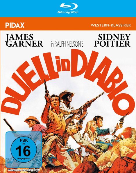 "DUELL in DIABLO" in roter Schrift. James Garner, Sidney Poitier. Illustration: Menschen in Westernkleidung mit Waffen.