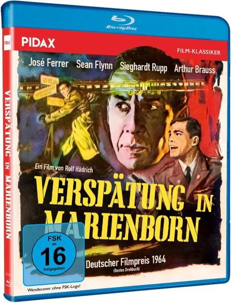 "VERSPÄTUNG IN MARIENBORN". Darunter Gesichter und Szenen im Stil eines gemalten Filmplakats. FSK 16 Symbol.