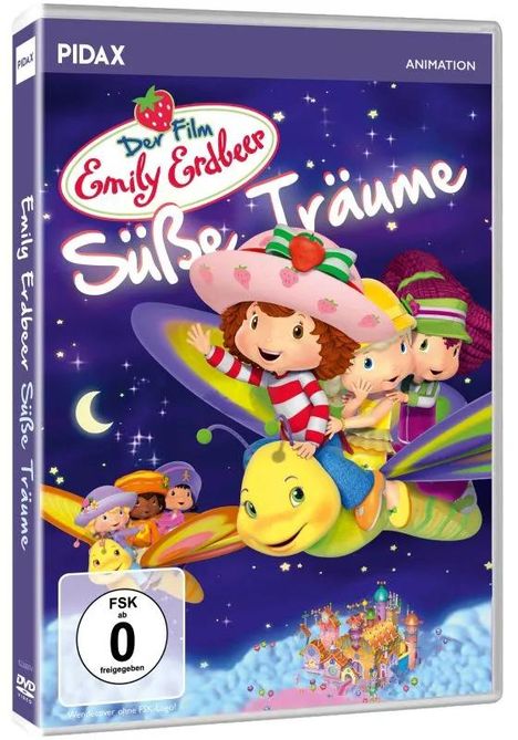 Texte: "Der Film Emily Erdbeer Süße Träume", "FSK ab 0 freigegeben". Illustration: Kinder auf einem fliegenden Insekt vor Sternenhimmel.
