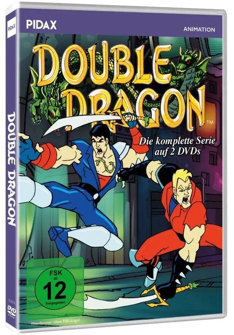 "DOUBLE DRAGON", "Die komplette Serie auf 2 DVDs", zwei kämpfende Männer in blauer und roter Kleidung.