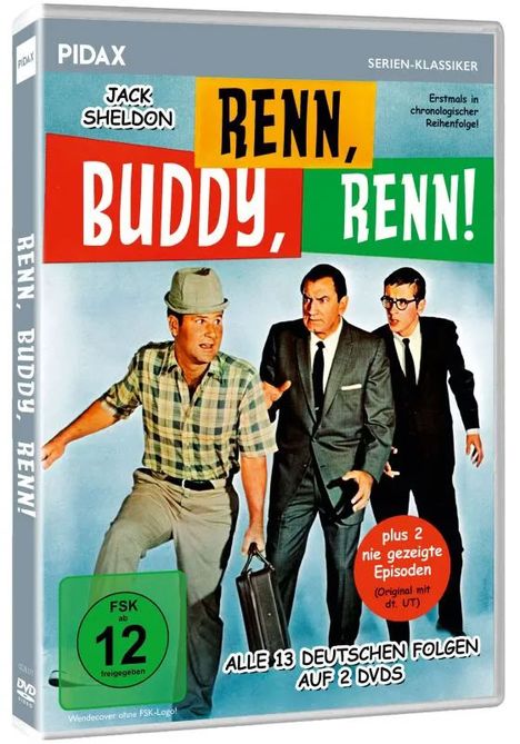 „RENN, BUDDY, RENN!“, Jack Sheldon. Drei Männer, einer im karierten Hemd, zwei im Anzug. DVD-Cover mit FSK 12.