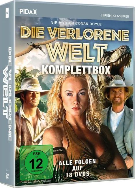 "Die verlorene Welt Komplettbox. Alle Folgen auf 18 DVDs. FSK ab 12." Menschen in Abenteuerkleidung mit Dinosaurier.