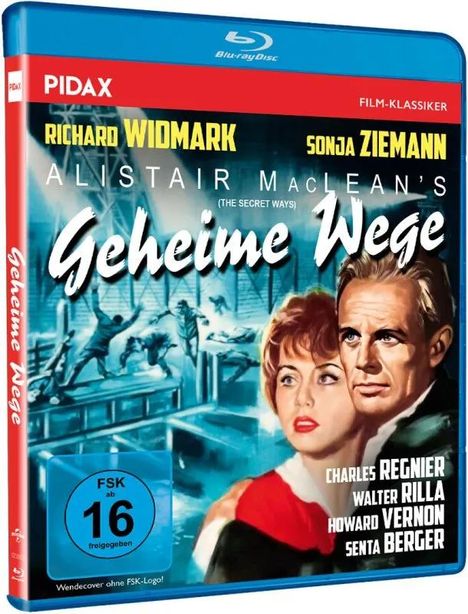 Text: "Geheime Wege", "Richard Widmark", "Sonja Ziemann", "FSK ab 16", "PIDAX".   
Illustration: Ein Paar steht vor einer blauen Szene voller Bewegung.
