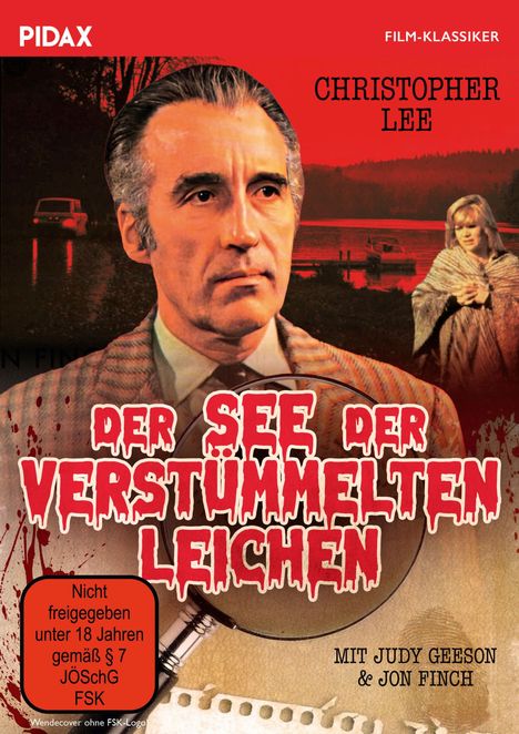 Text: "DER SEE DER VERSTÜMMELTEN LEICHEN", "Nicht freigegeben unter 18 Jahren", "CHRISTOPHER LEE".

Illustration: Ein Mann im Anzug, roter Hintergrund, Wald und See im Hintergrund.