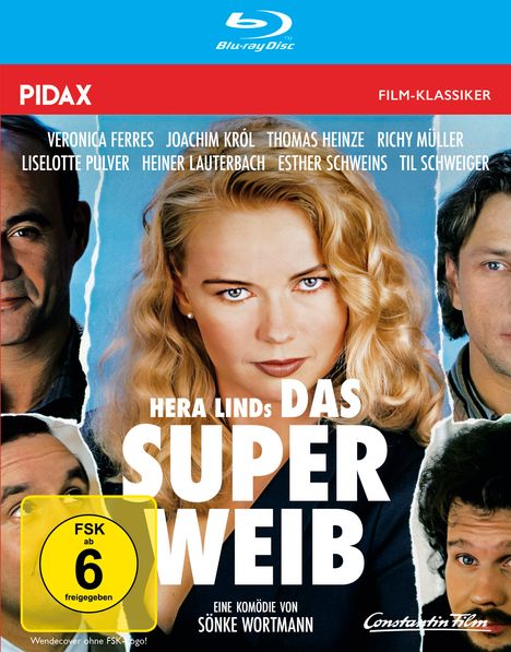 Aufschrift: "Hera Linds Das Superweib", FSK 6. Hauptperson mit blonden Haaren zwischen zwei Männern.