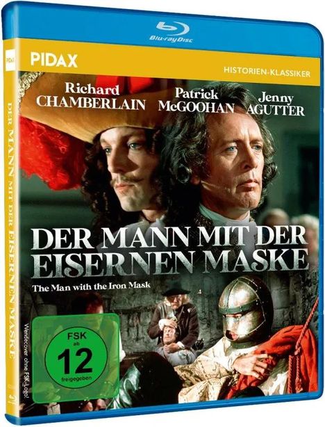 Filmtitel: "Der Mann mit der eisernen Maske". Darauf sind drei Gesichter und ein Ritterhelm abgebildet.
