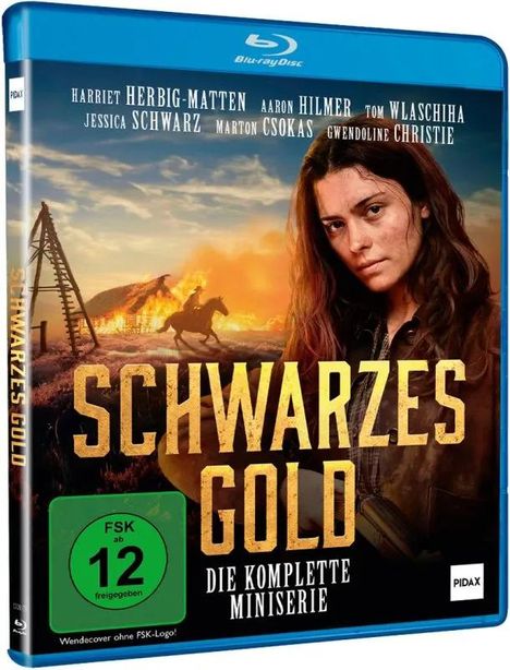 "Schwarzes Gold: Die komplette Miniserie." FSK ab 12. Frau mit ernster Miene, brennendes Haus, Reiter in der Ferne.