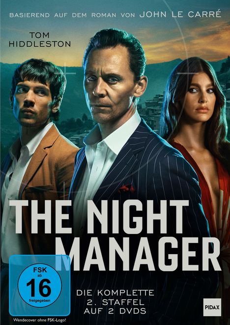 „Basierend auf dem Roman von John le Carré. Tom Hiddleston. THE NIGHT MANAGER. Die komplette 2. Staffel auf 2 DVDs.“ Drei Personen im Anzug vor einem Abendhimmel.