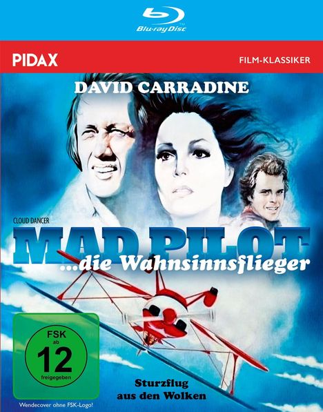 Text: "FSK ab 12 freigegeben", "David Carradine", "Mad Pilot ...die Wahnsinnsflieger", "Sturzflug aus den Wolken". Illustration zeigt fliegendes Flugzeug und drei Gesichter im Hintergrund.