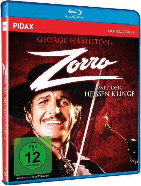 "George Hamilton ist Zorro mit der heißen Klinge." Ein Mann mit Schnurrbart, schwarzem Hut und Maske lächelt mit einer Rose.