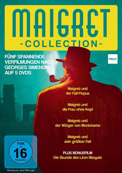 Text: "MAIGRET COLLECTION - Fünf spannende Verfilmungen... BONUSFILM Die Stunde des Léon Bisquet."  
Illustration eines Mannes mit Hut und Pfeife.