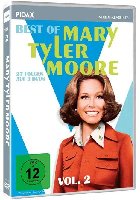 "BEST OF MARY TYLER MOORE, 27 Folgen auf 3 DVDs, Vol. 2". Eine lächelnde Frau in roter Jacke vor blauem Hintergrund.