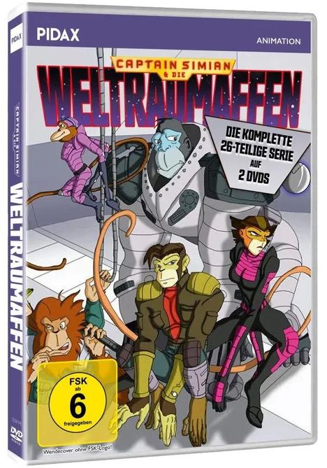 DVD-Cover: "Captain Simian & die Weltraumaffen". Illustration mit animierten Affen in Raumanzügen, FSK 6.