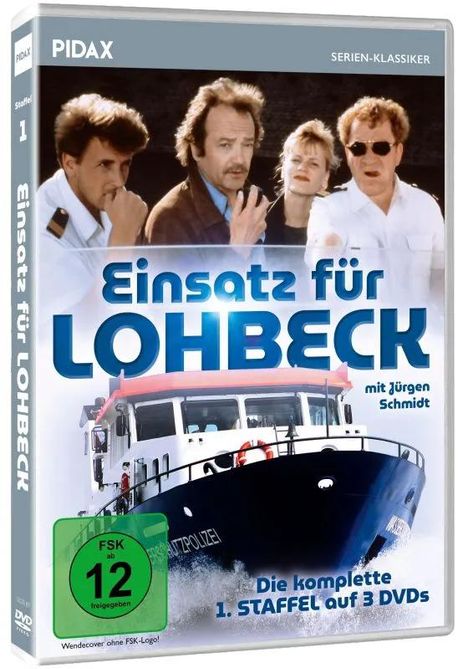Aufschrift: "Einsatz für Lohbeck" und "Die komplette 1. Staffel auf 3 DVDs". Oben: vier Personen, darunter ein Schiff.