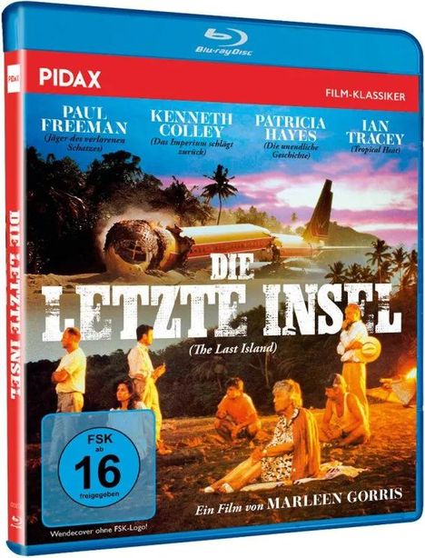 Blu-ray-Hülle von "Die letzte Insel". Menschen sitzen vor einem gestrandeten Flugzeug, umgeben von tropischer Landschaft.