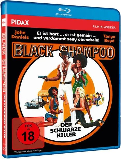 "Black Shampoo - Der schwarze Killer" steht im Mittelpunkt. Personen im 70er-Jahre-Stil, eine mit Waffe, auf einem Filmcover. FSK 18.