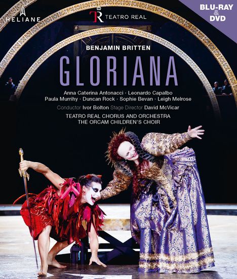 „Teatro Real“, „Benjamin Britten“, „Gloriana“. Zwei kostümierte Darsteller, einer in Rot mit Schwert, einer in prächtigem Kleid.