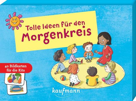 Text: "Tolle Ideen für den Morgenkreis", "40 Bildkarten für die Kita"
Illustration: Kinder sitzen mit einem Lehrer im Kreis. Ein lächelndes Sonnen-Logo.