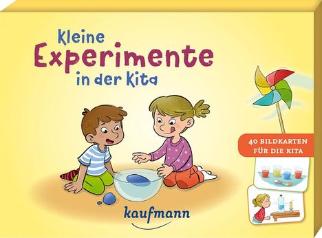 Texte: "Kleine Experimente in der Kita", "40 Bildkarten für die Kita". Zwei Kinder experimentieren mit Wasser.