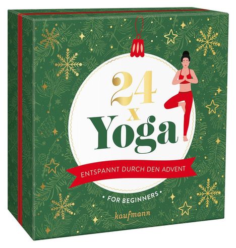 "24 x Yoga" im Zentrum, rotes Banner: "Entspannt durch den Advent", grüner Hintergrund mit weihnachtlichen Mustern.