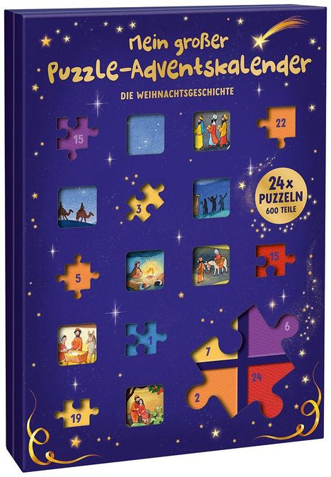 Lila Adventskalender mit Text: „Mein großer Puzzle-Adventskalender. Die Weihnachtsgeschichte“. Puzzleteile und Illustrationen.