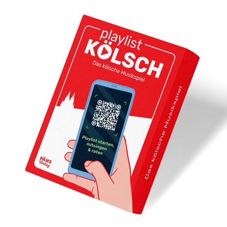 „playlist KÖLSCH, Das kölsche Musikspiel“ steht oben. Ein Handy mit QR-Code und „Playlist starten, mitsingen & raten“.