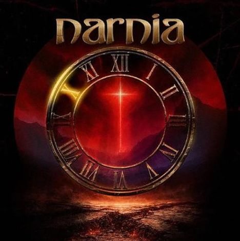 Text: „Narnia“. Uhr in rötlicher Szenerie, römische Ziffern, Kreuz im Zentrum, mystische Atmosphäre.