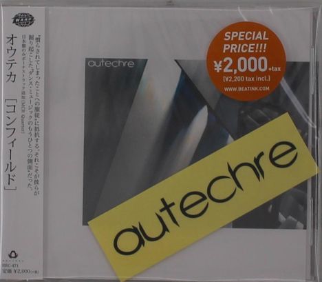 Schriftzug: "autechre" auf Cover. Sticker: "SPECIAL PRICE!!! ¥2,000+tax". Weitere japanische Texte und geometrische Muster.