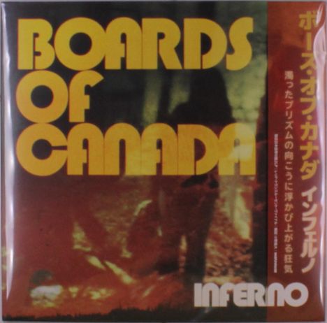 Text: "BOARDS OF CANADA" in großer gelber Schrift, "INFERNO" unten. Hintergrund unscharf mit warmen Farbtönen.