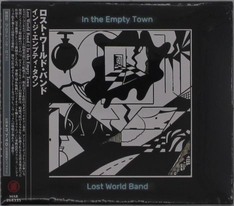"In the Empty Town" und "Lost World Band". Schwarz-weiße geometrische Illustration mit abstrakten Formen und Mustern.