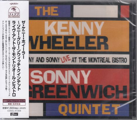 „THE KENNY WHEELER SONNY GREENWICH QUINTET LIVE AT THE MONTREAL BISTRO“; farbenfrohes, blockartiges Design.