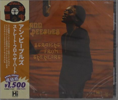 Links, vertikaler japanischer Text. "Ann Peebles - Straight from the Heart". Preis: ¥1,500. Person im Profil auf dunklem Hintergrund.