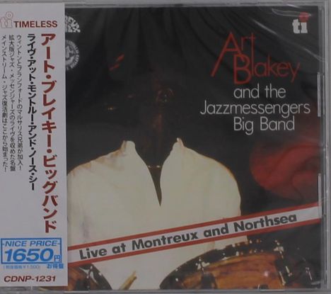 "Art Blakey and the Jazzmessengers Big Band. Live at Montreux and Northsea. CD-Cover mit Drum-Set und Musiker."
