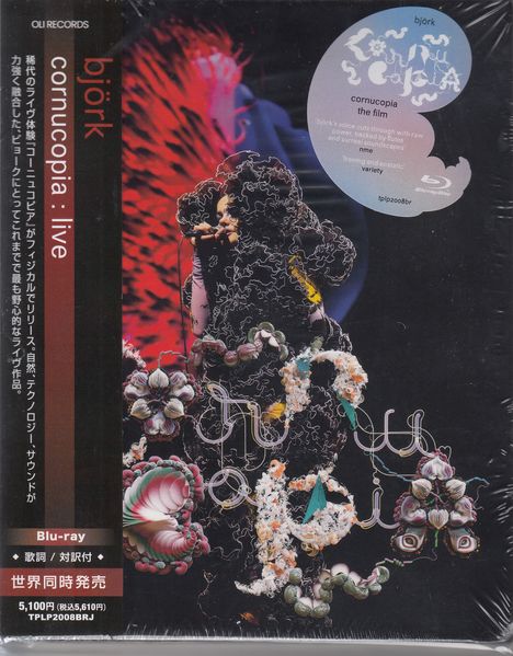 Text: "björk", "cornucopia: live", "cornucopia the film", "Blu-ray". Bunte, verschnörkelte Muster und florale Motive.