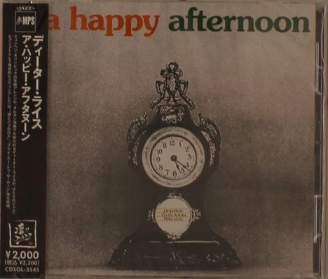 "A happy afternoon" in bunten Buchstaben, daneben eine alte, dekorative Uhr, links japanische Schriftzeichen.