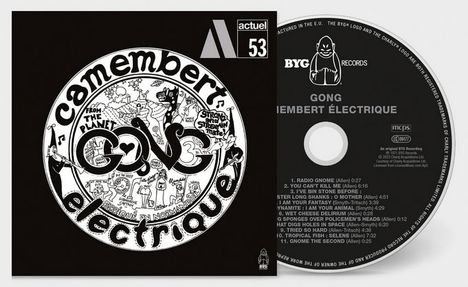 "Camembert électrique" und "Gong" sind Haupttexte. Albumcover mit kreisförmigem, verspieltem Design und CD-Ansicht.