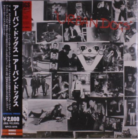 Der Text „URBAN DOGS“ steht in roter Schrift. Eine Collage aus Schwarz-Weiß-Fotos zeigt verschiedene Szenen und Menschen.